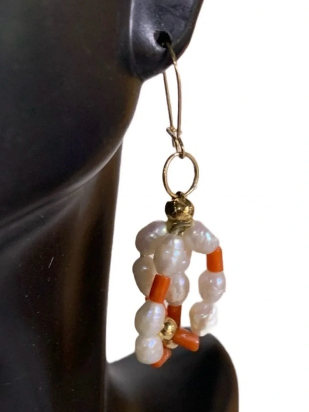 GENUINE CORAL & PEARL W/14K BEADING VINTAGE DANGLE EARRINGS WITH METAL HOOKS